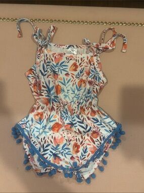 Baby Girls Floral Pom Trim Romper - White, Blue & Coral